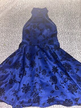 B Darlin Royal Blue and Black Floral Halter Dress